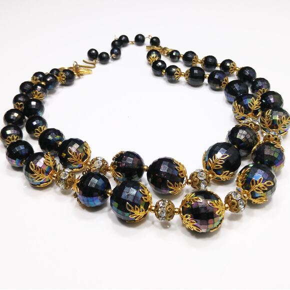 Deauville Black Faceted Lucite Bead Necklace Rhinestone Gold Tone 1950s - Picture 4 of 10